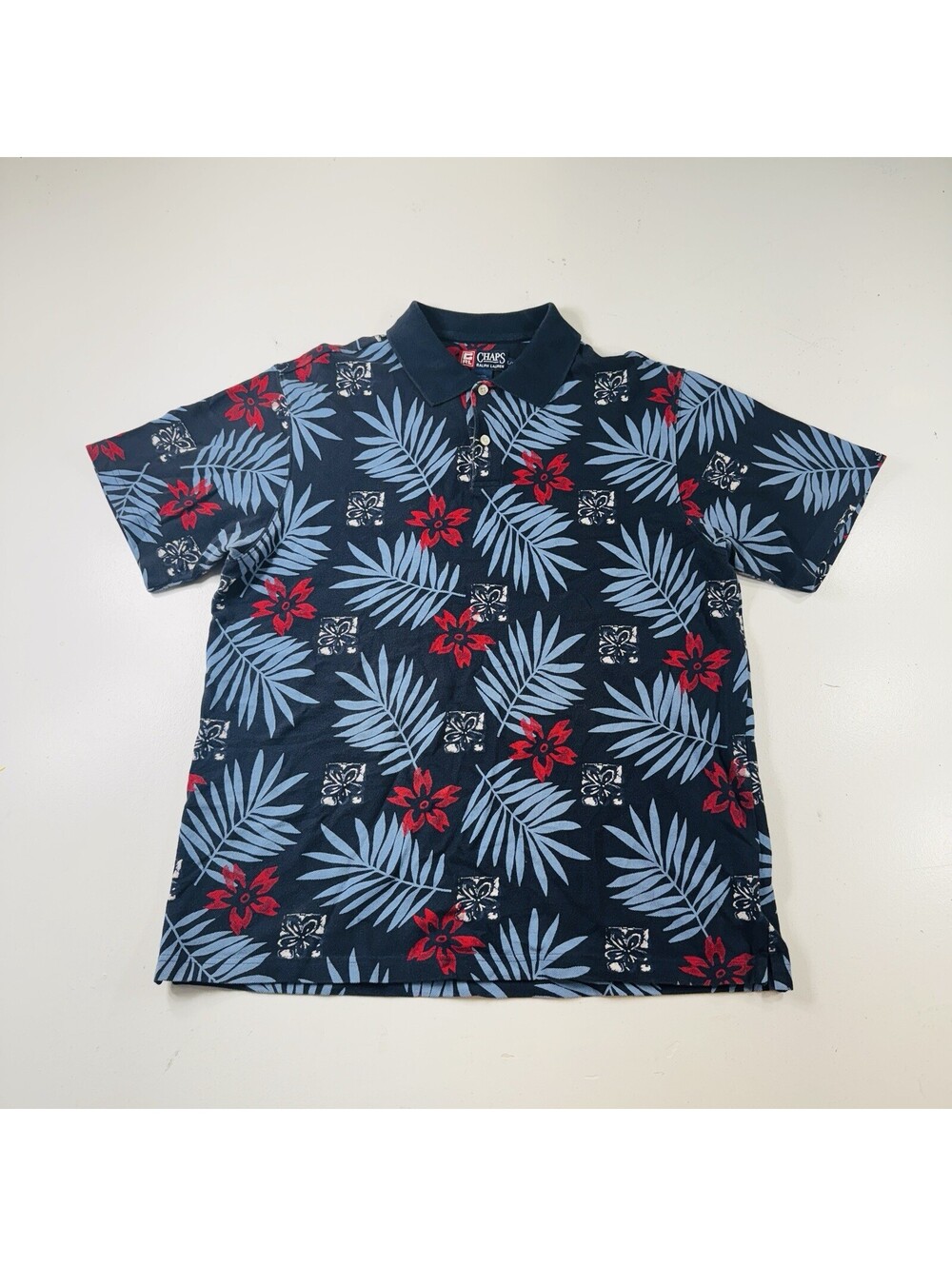 Chaps Ralph Lauren Vintage Polo Shirt Blue Red Floral Mens Size Large